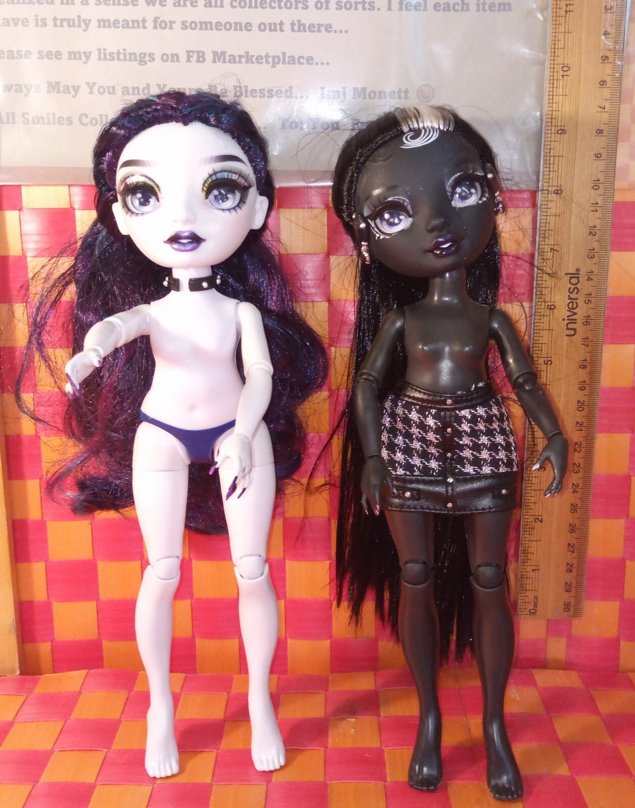 Dolls, 2 pcs, 10″h, both 2022, pale white and deep black ghoul-like girl dolls b