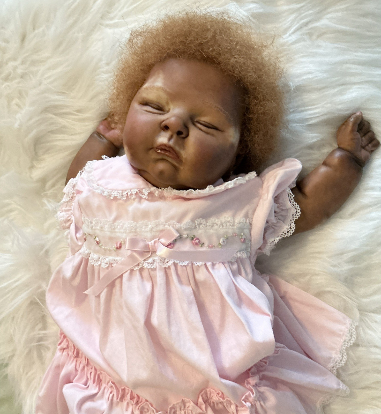 Medium Dark Girl Baby Doll Curly Brown Hair African American Pink Dress – Liz
