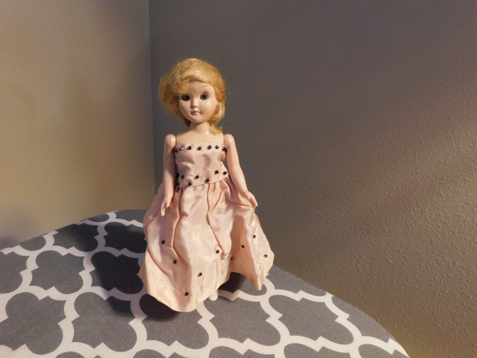 1950s Fixed Leg Doll in Handmade Dress w/ Glass Beads Hair Pin