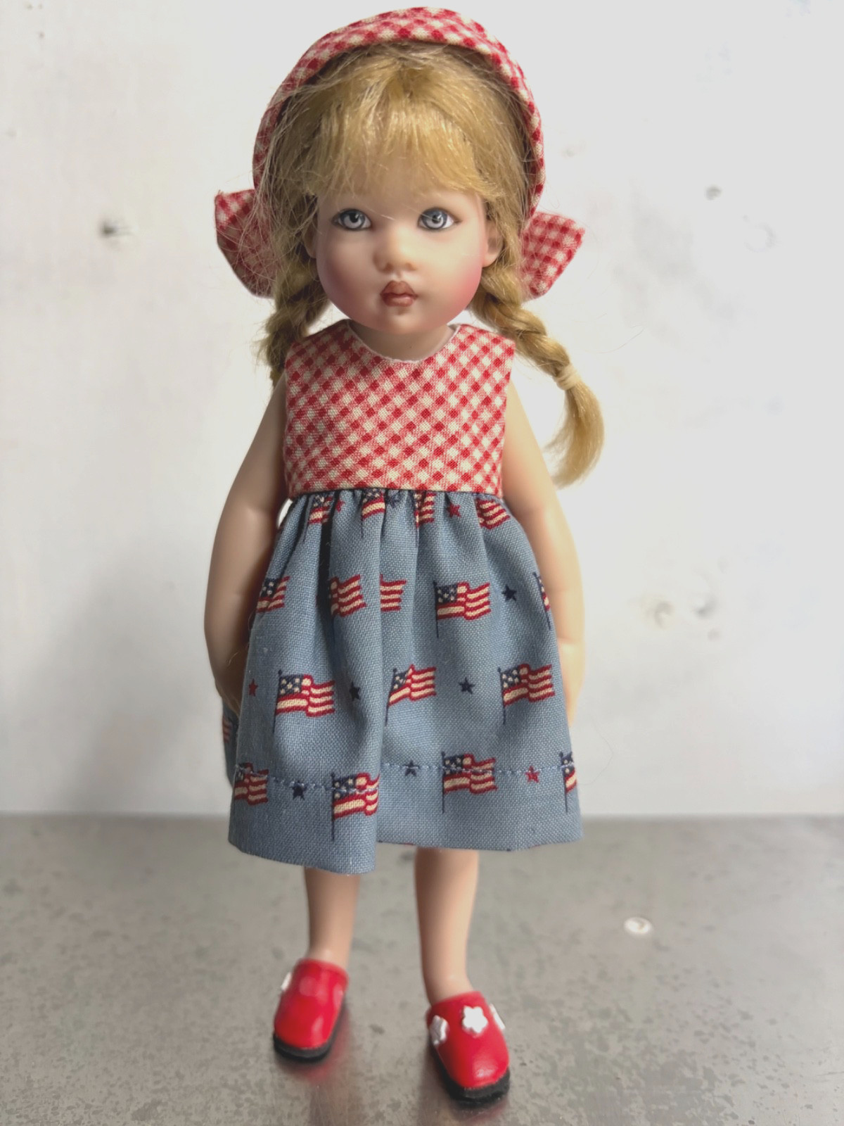 Helen Kish 7.5″ doll, excellent condition, patriotic themed clothing