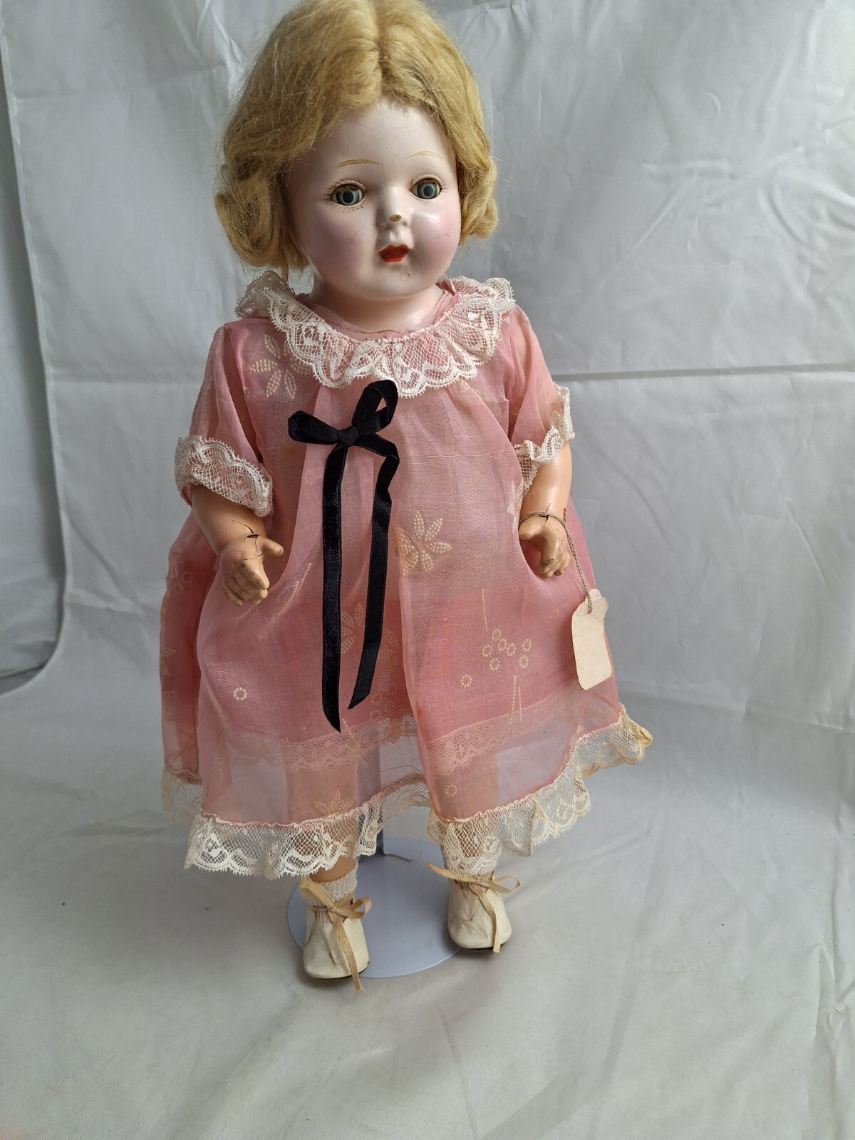 Antique 16” Composition Mama Doll Tin Eyes Old Clothes + Mohair Wig 1910s-1920s