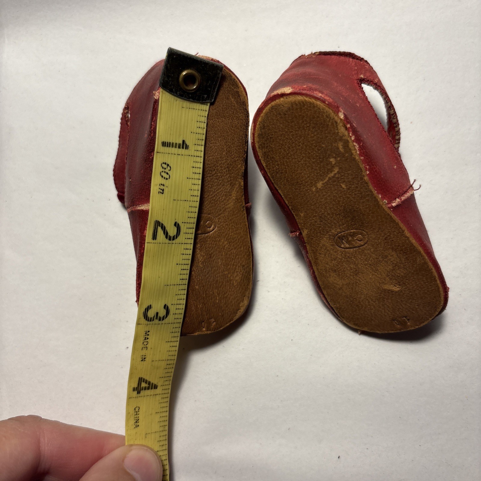 Antique Red Leather Starburst Decorative Toe Buckle Doll Shoes w/Ankle Buttons