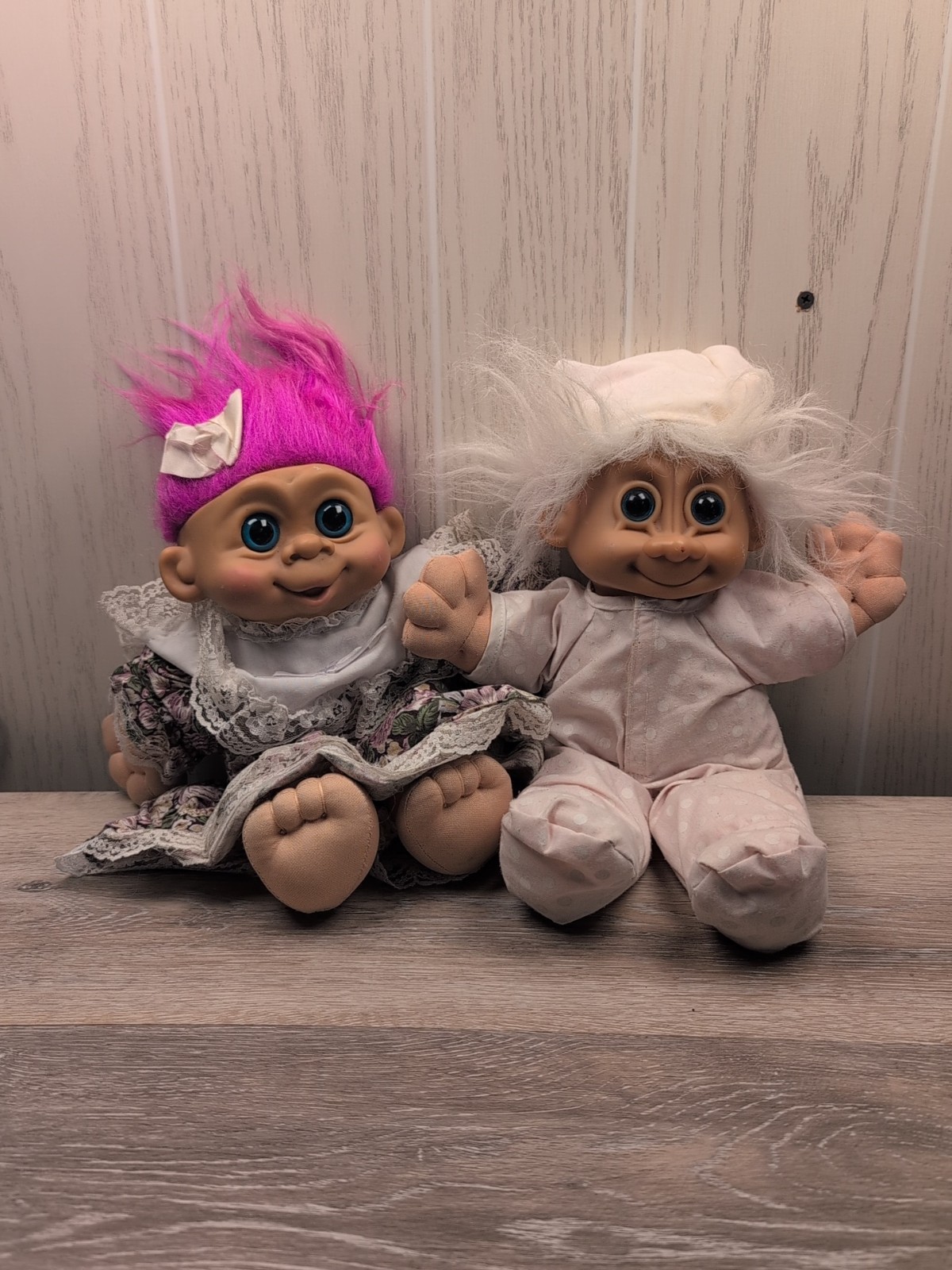 Lot of 2 Vintage Russ Troll Dolls with Pink hair, 5” tall Bodies, Girls