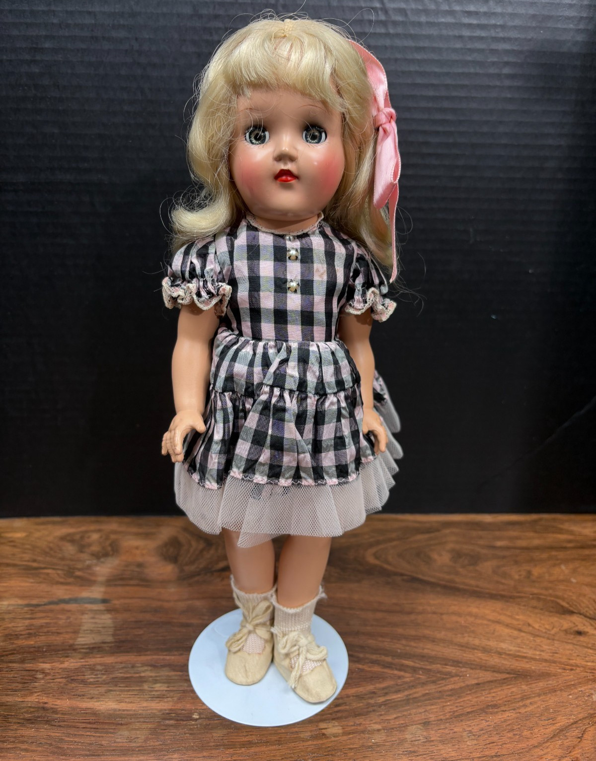 Vintage Ideal TONI Doll 14″ Platinum Blonde Hair Green Eyes Pink Black Dress P90