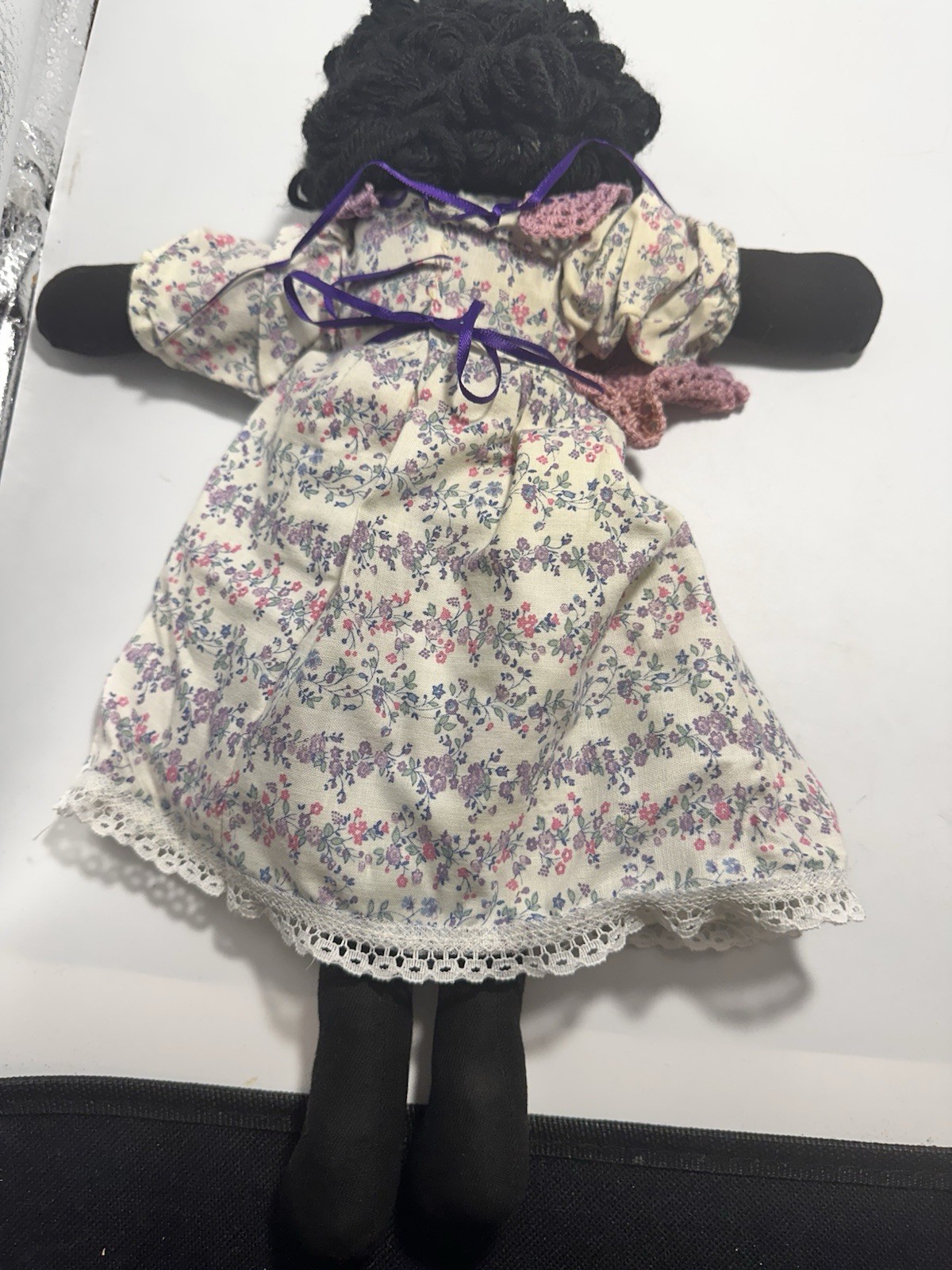 Vintage Handmade Black Cloth Rag Doll Yarn Hair Floral Dress Folk Art