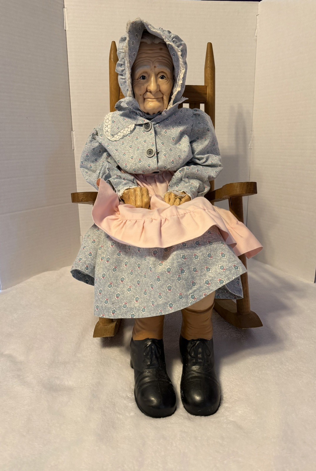 1989 Vintage William Wallace Jr Grandma Porcelain Doll 34” Wood Rocking Chair