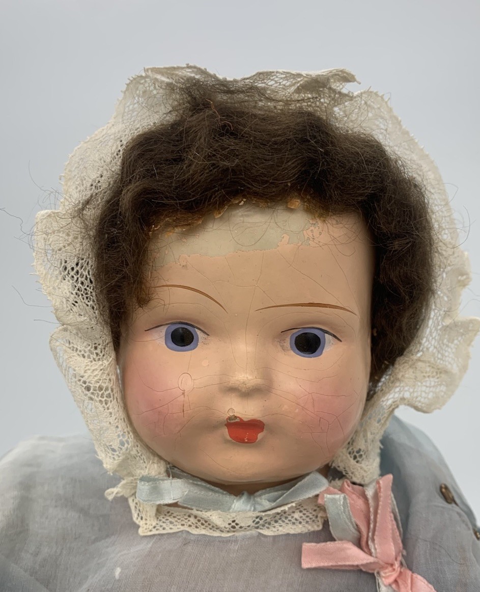 Vintage 20” Unmarked Composition Toddler Doll Cloth Body Blue Dress