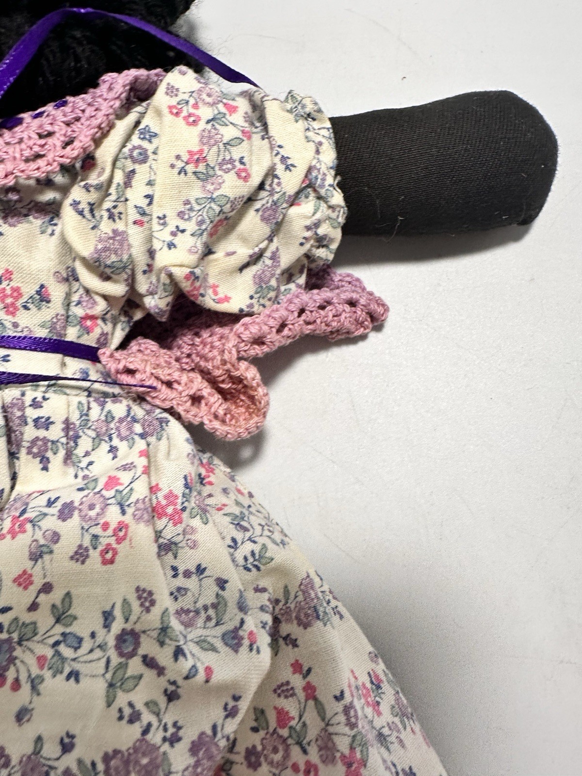 Vintage Handmade Black Cloth Rag Doll Yarn Hair Floral Dress Folk Art