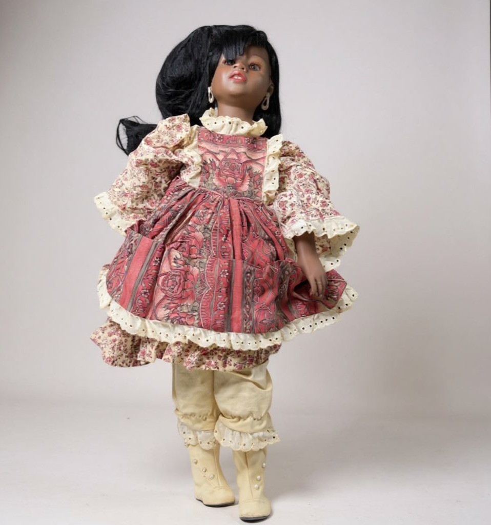 Porcelain African American Doll Black Hair Floral Dress Lace Trim Collectible