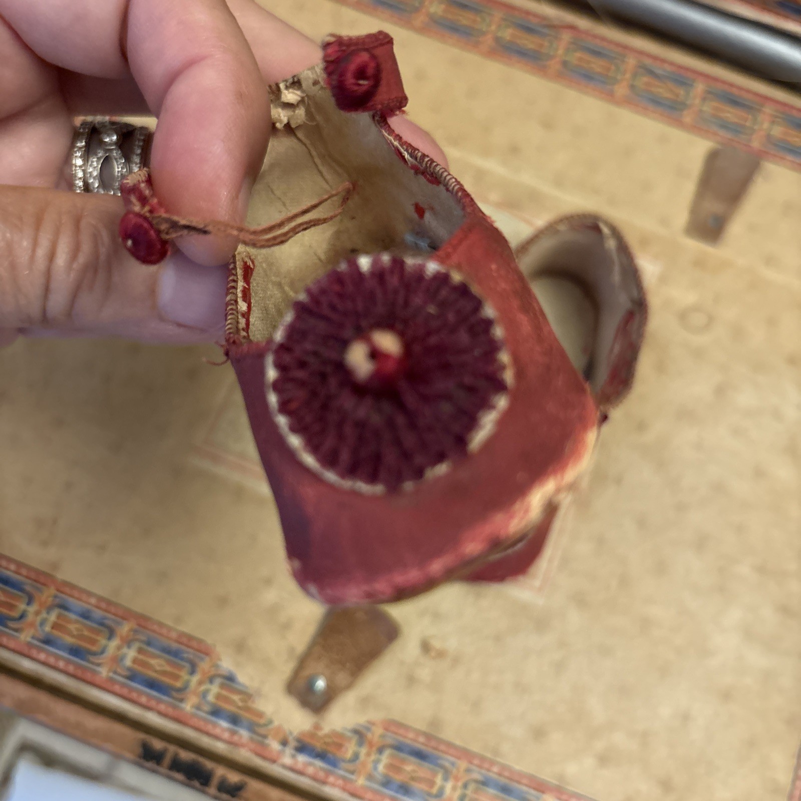 Antique Red Leather Starburst Decorative Toe Buckle Doll Shoes w/Ankle Buttons