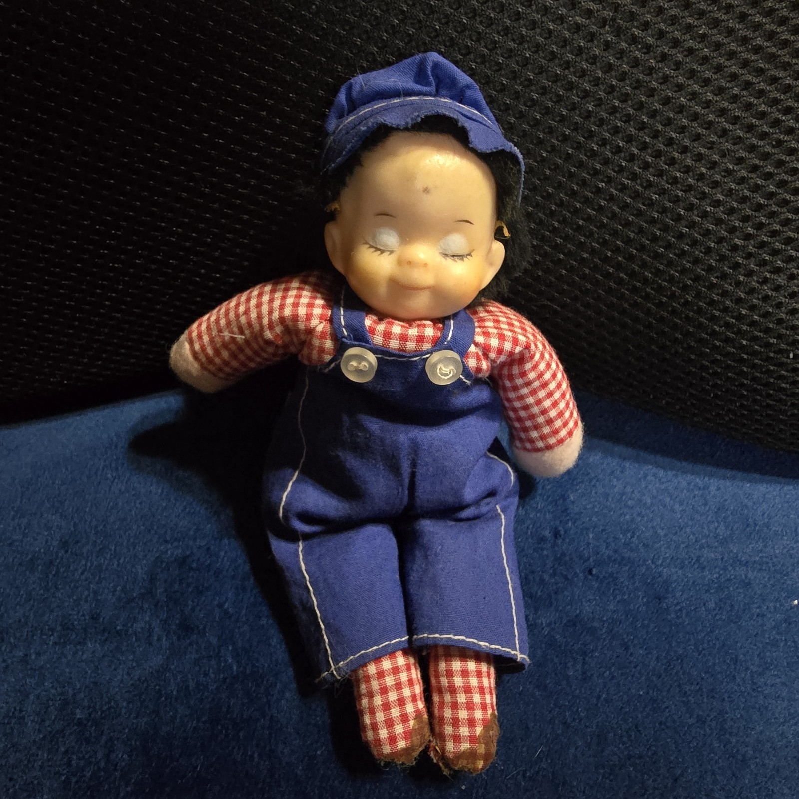 D’Gina Hecho Mexico Sleepy Boy Doll Blue Overalls Red Gingham AS IS VTG Farmer