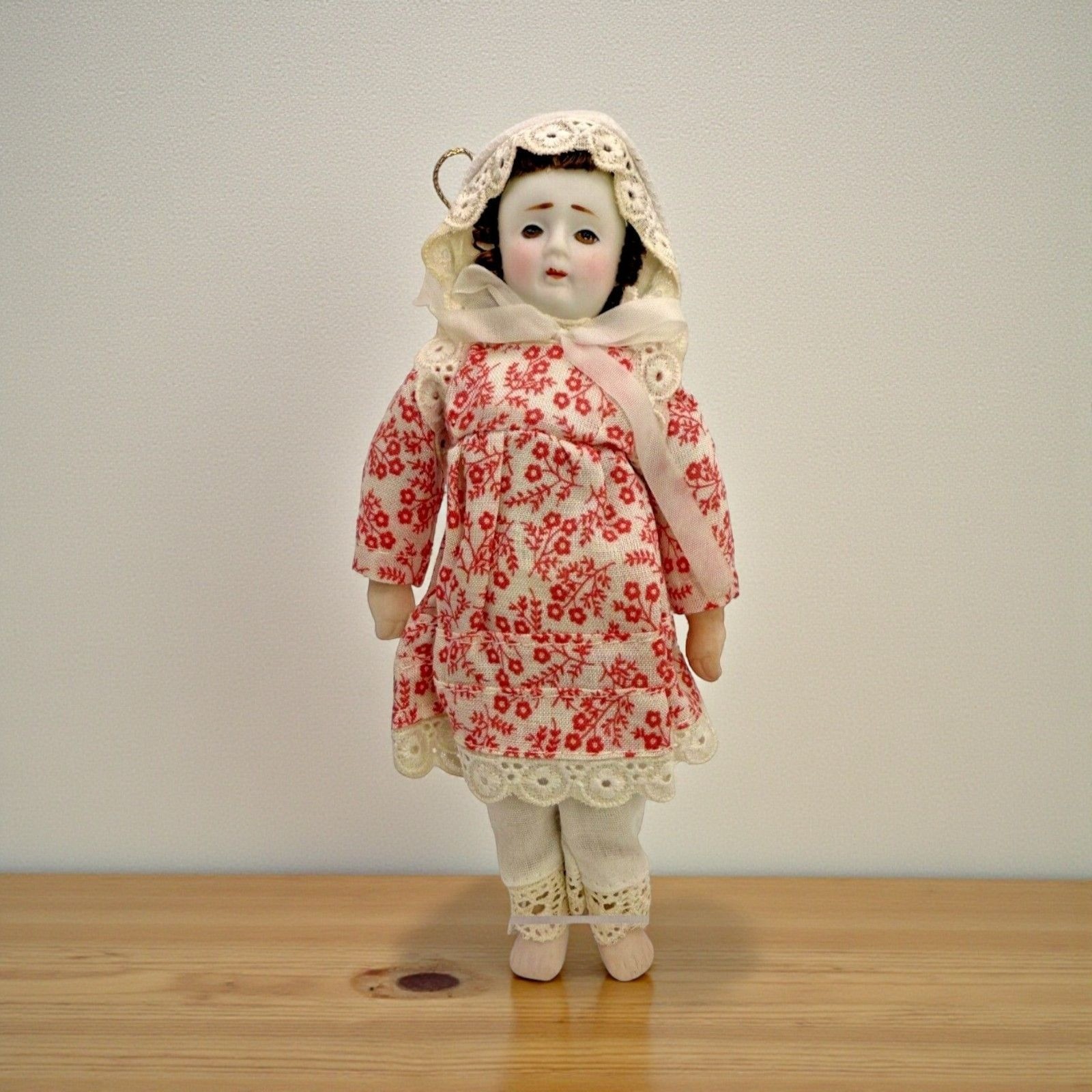 Porcelain Doll With Red Floral Lace Outfit & Bonnet Vintage Charm