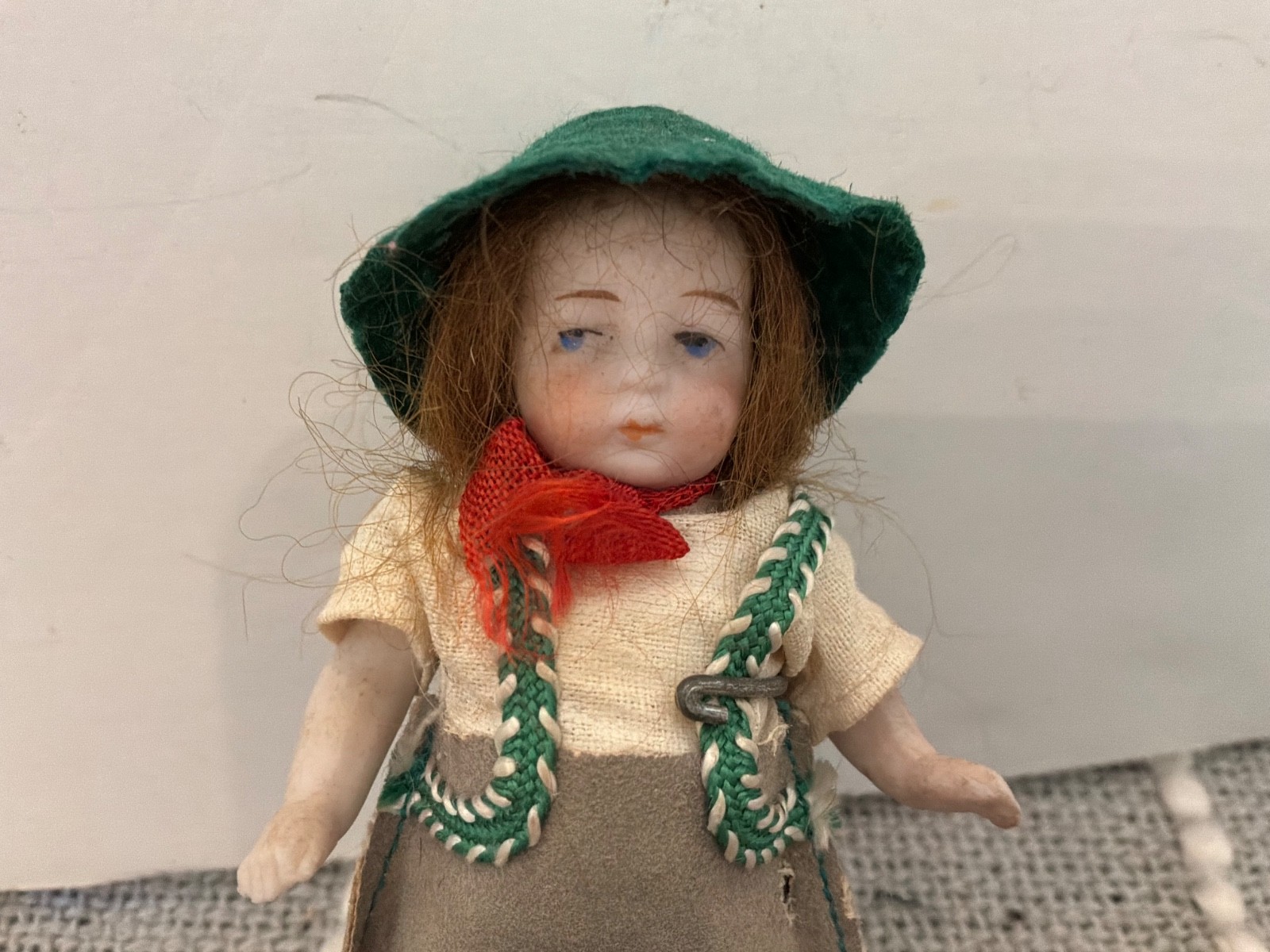Antique 3.5” German Bisque Alpine Dollhouse Mignonette Doll In Original Outfit