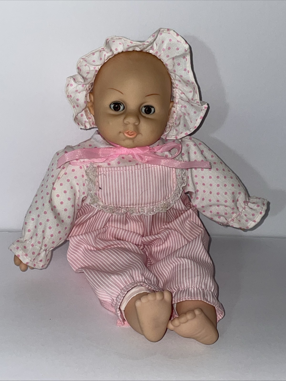 J48 🥰 Vintage UD Co Inc Baby Doll Pink Bonnet Polka Dots Striped Outfit