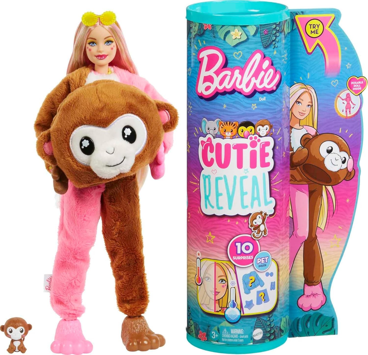 Barbie Cutie Reveal Fashion Doll, Jungle Series Monkey Plush Costume, 10 Surpris