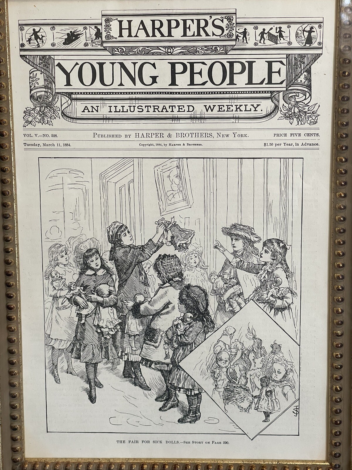 Framed Harper’s Young People Illustrated Weekly Magazine Antique Doll Print 1884