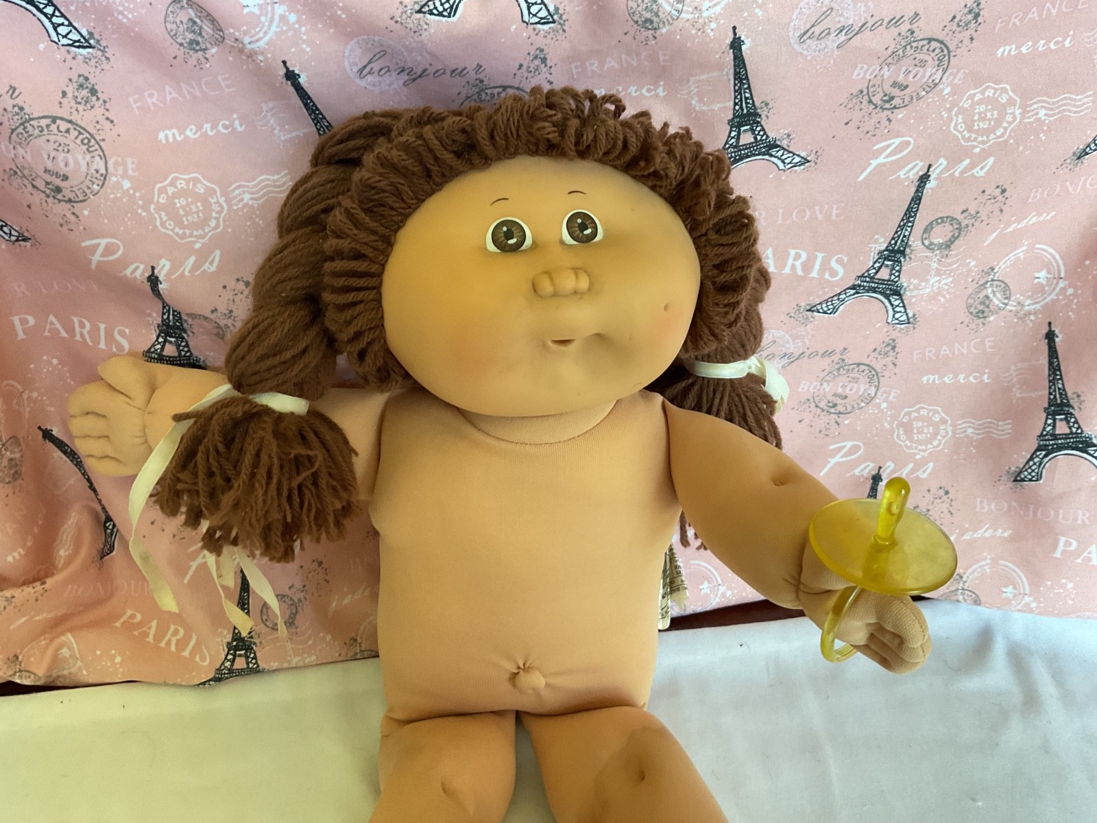 Cabbage Patch Kids Doll, Brown braided ponytails , dimples with pacifier