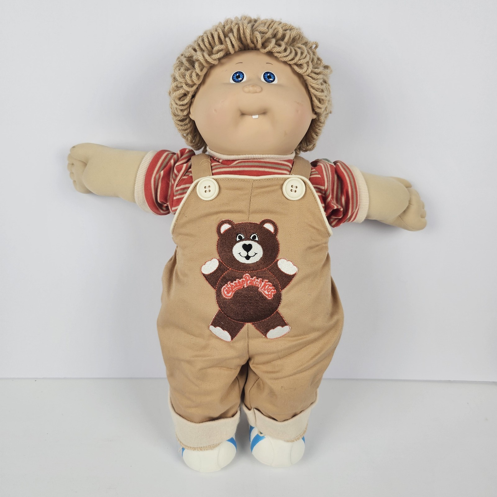 Vintage Cabbage Patch Kids Boy Doll Blonde Yarn Hair Blue Eyes Overalls