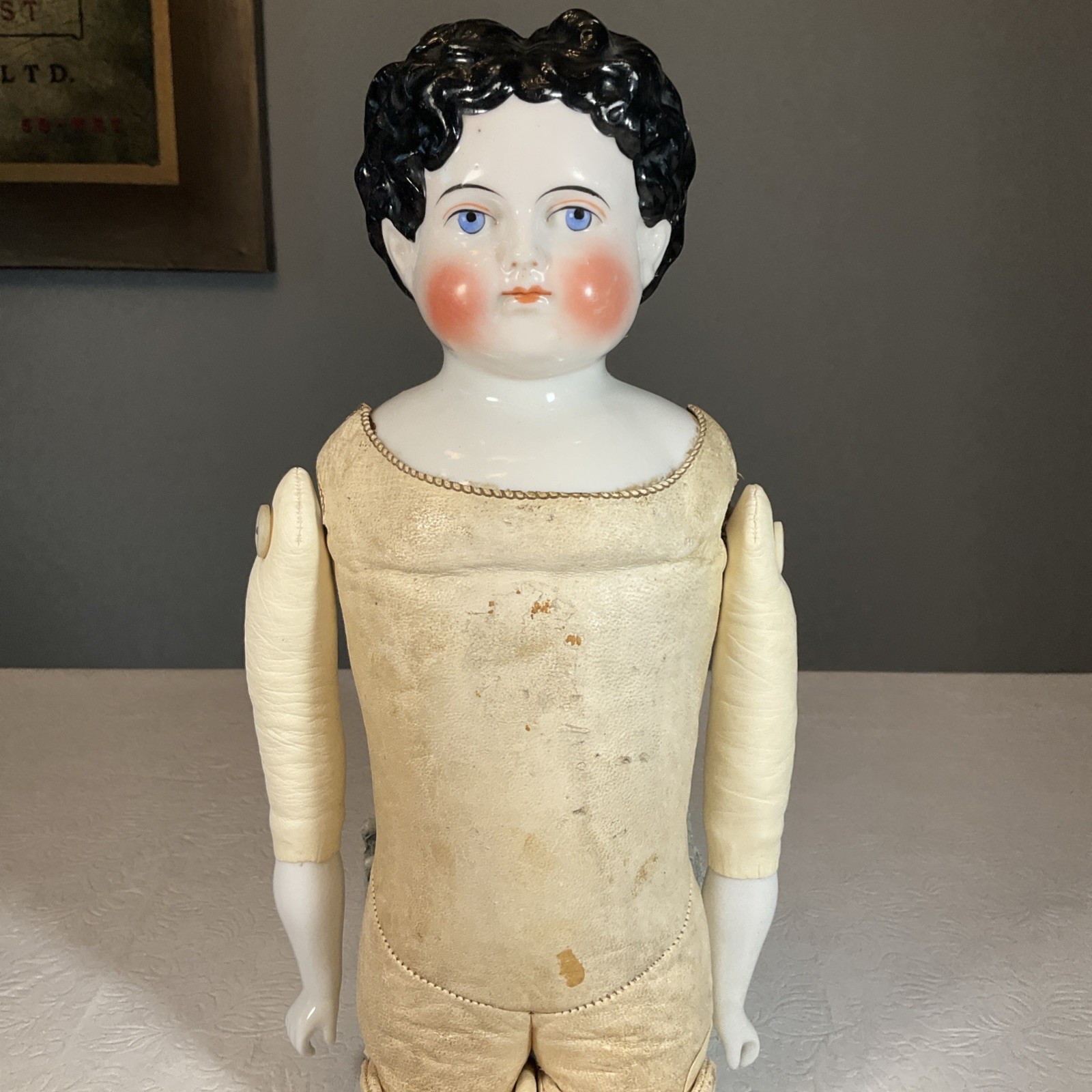 Antique China Head Doll 19” Full Leather Kestner Body Vintage Porcelain Hands