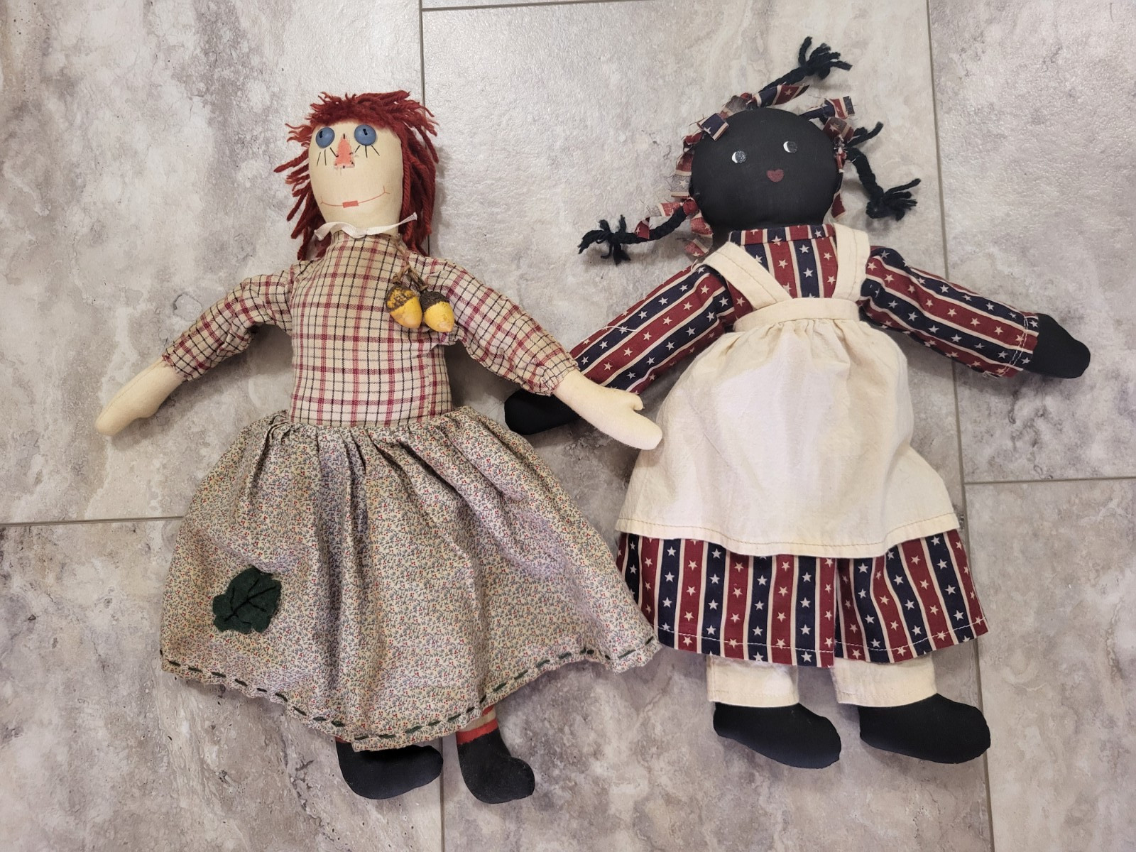Folk Art Cloth Dolls Primitive Designs 15″ Stitched & Painted Faces 2 Pc Lot