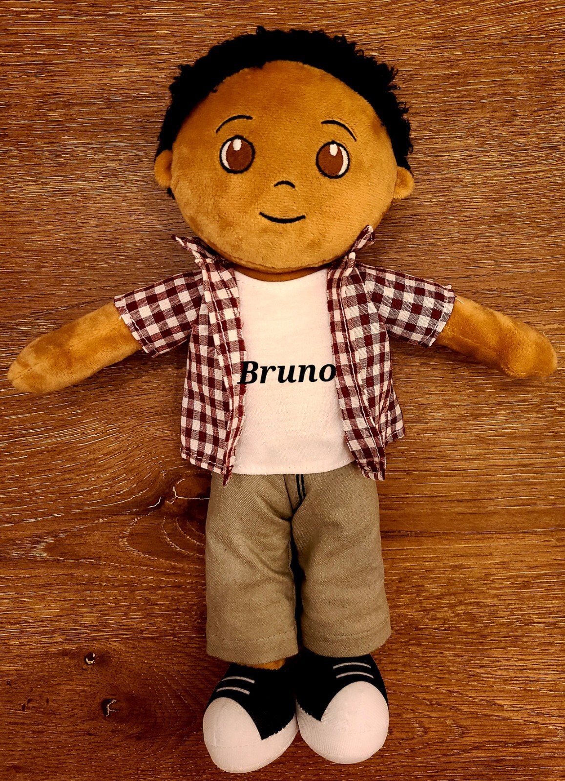 Bruno The Cool Brown Curly Hair Boy Soft Rag 14” plush Doll Toy/ Handmade Gift