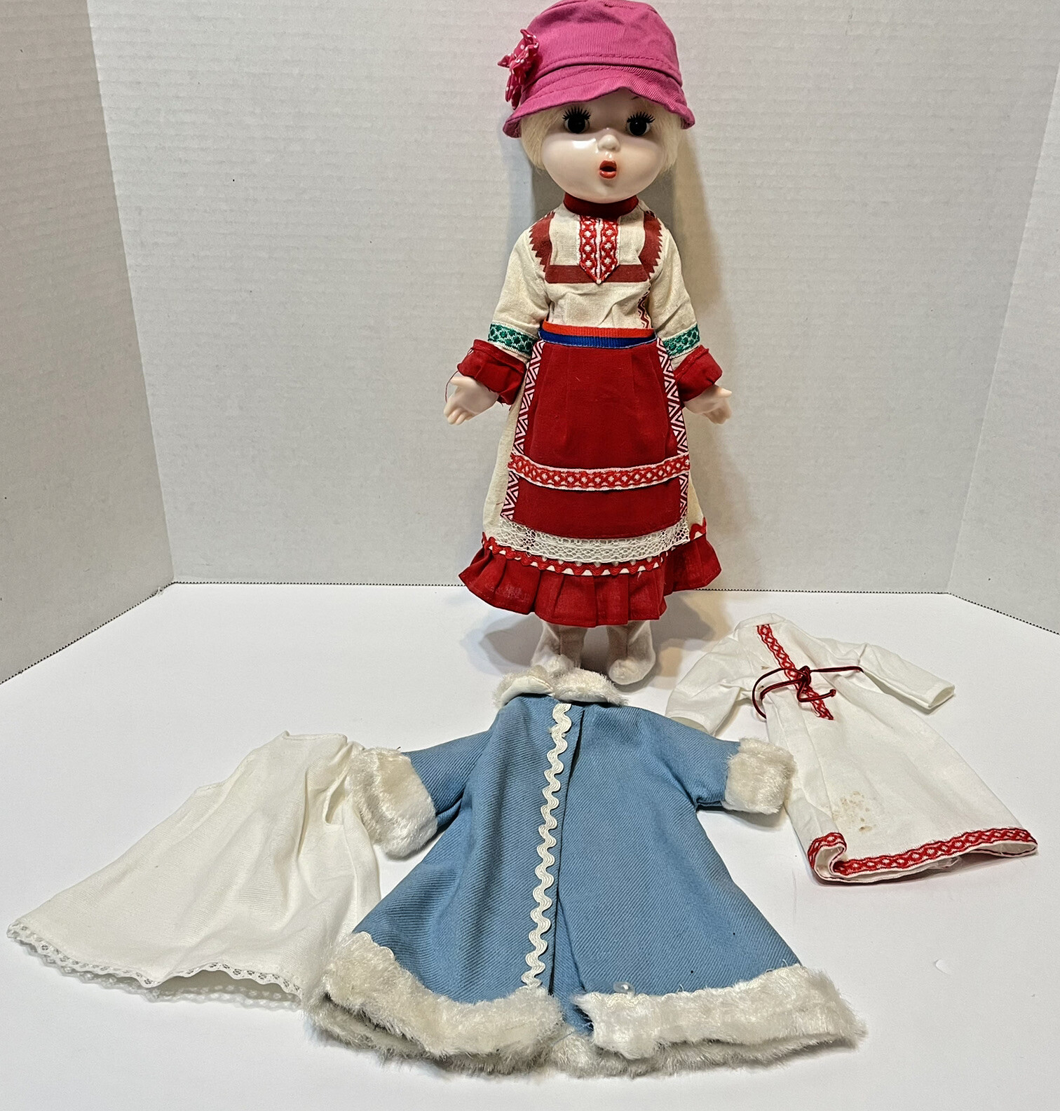 Vintage Plastic Doll Blonde Braided Hair with Extra Clothes and Hat 14 inches
