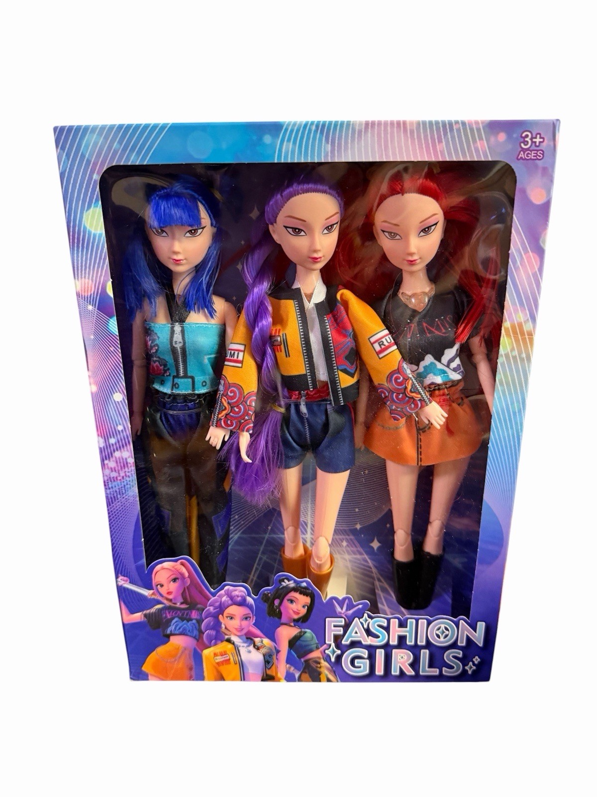 Fashion Girls Demon Hunter 3-Pack Dolls Blue Purple Red Hair + Keychains NIB