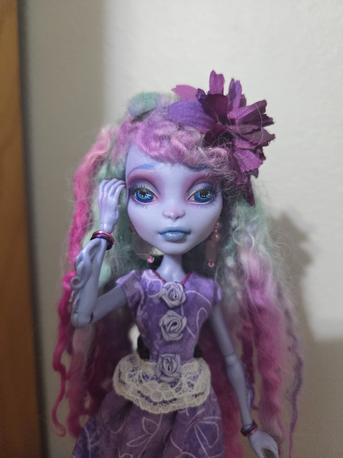 Monster High Doll Custom Repaint Reroot OOAK Sea Monster Art Doll with Stand