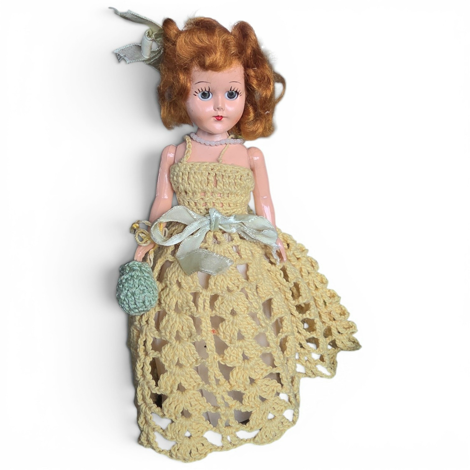 Vintage Plastic Molded Arts Co. Doll Crochet Dress, panties and purse!