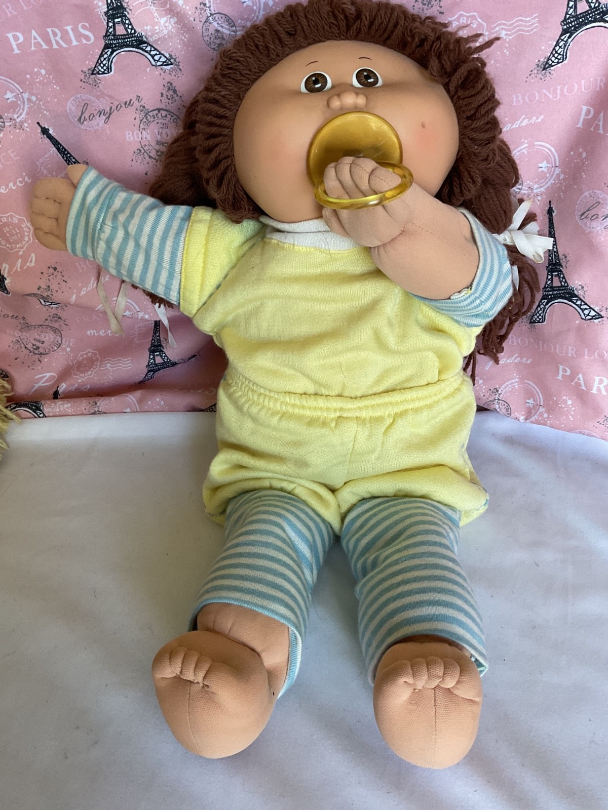 Cabbage Patch Kids Doll, Brown braided ponytails , dimples with pacifier