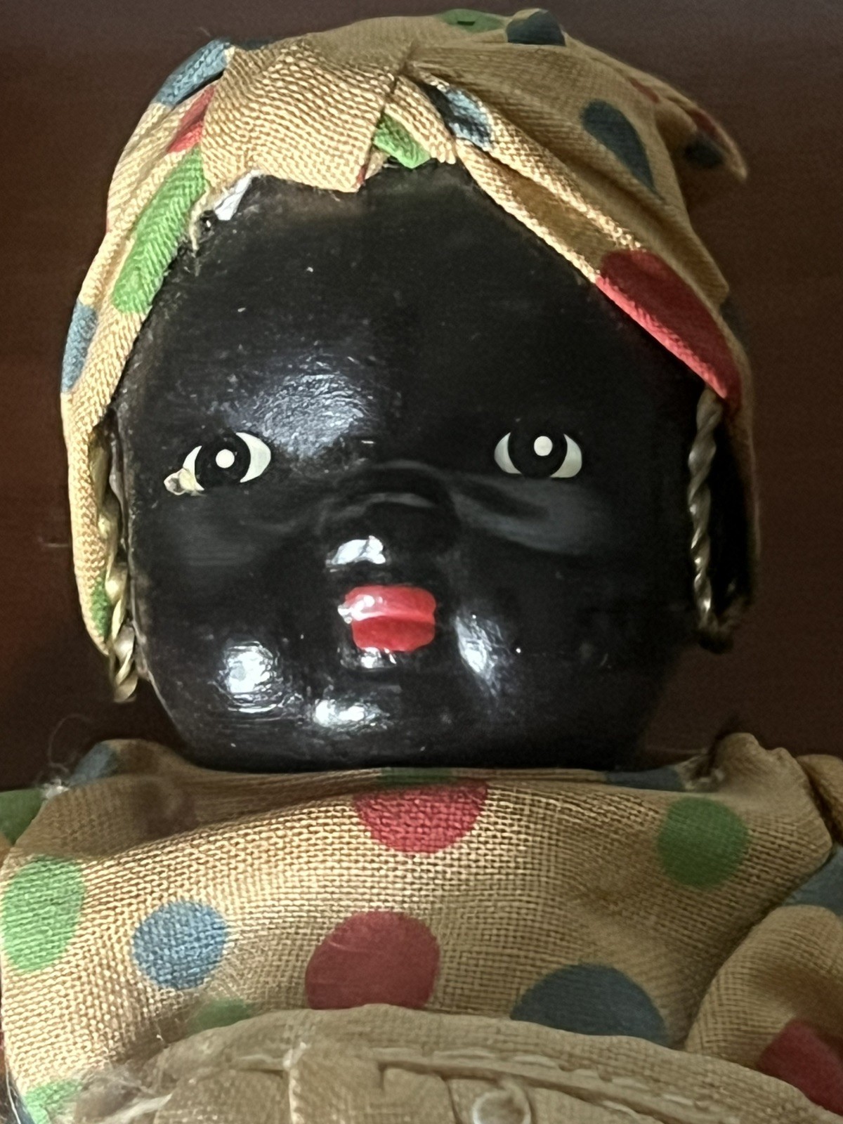 Vintage African Jointed Baby Doll with polka dot Dress & Hoop earrings