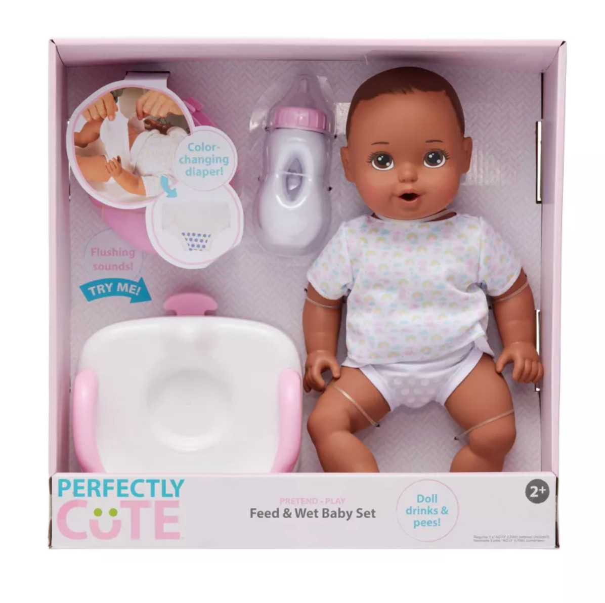 Perfectly Cute Feed & Wet 14″ Baby Set – Dark Brunette with Brown Eyes Brand New