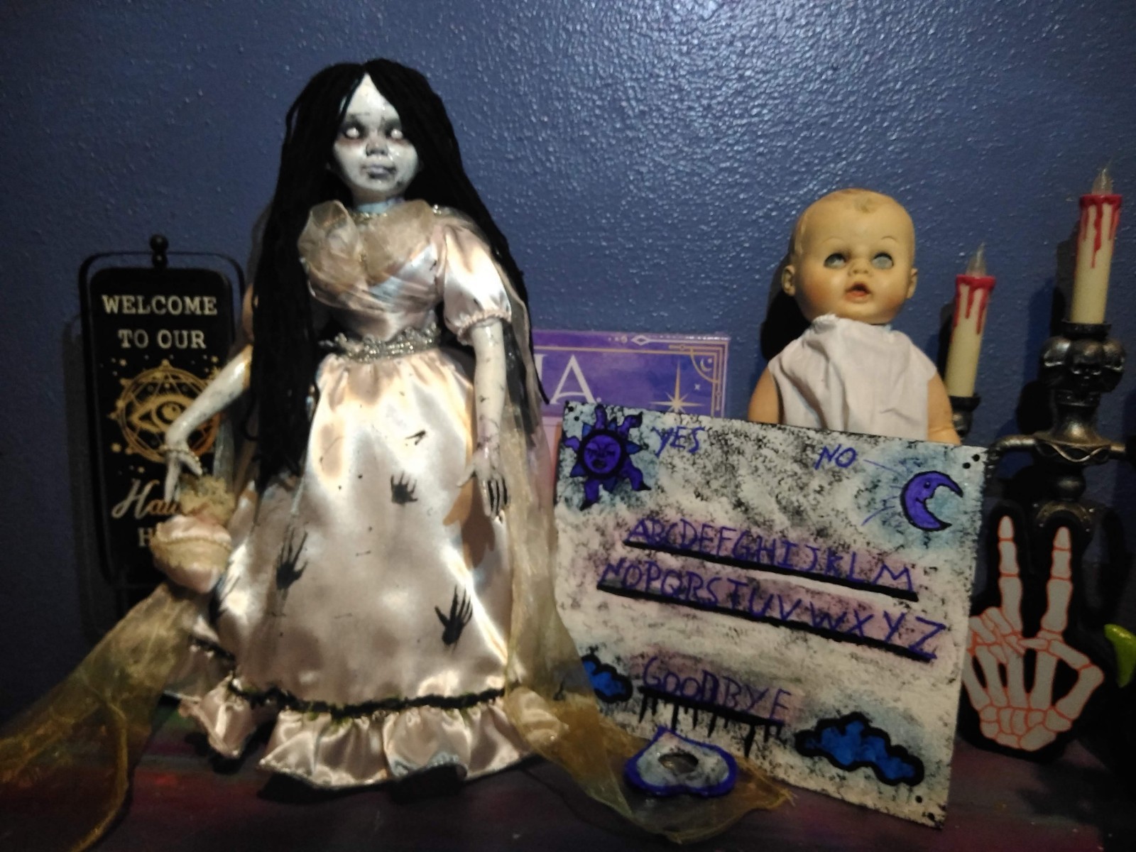 Handmade Paranormal Ouija Board & Doll, White Dress, Black Hair